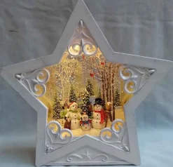 White Star Scroll Design With Led Warm White Light Up Snowman Family Scene Spinning Glitter Waterglobe